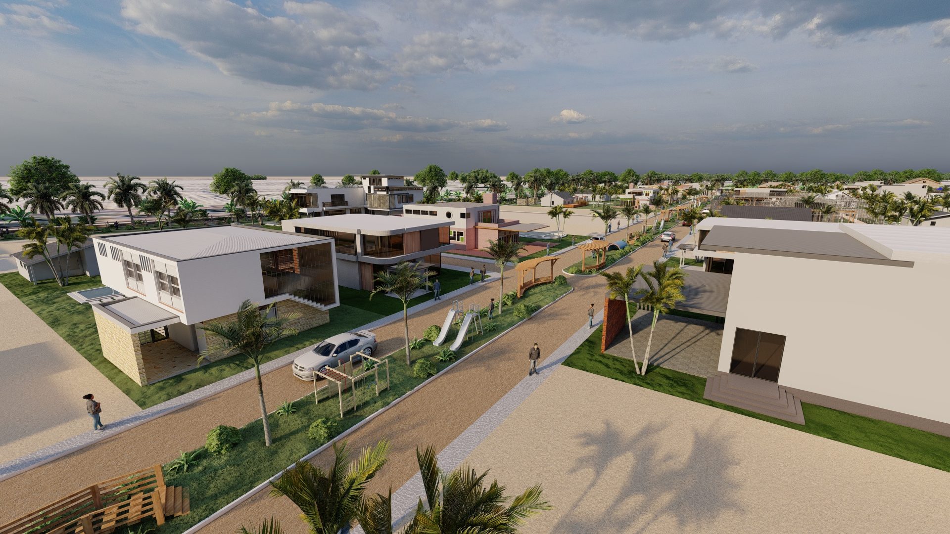 Calle interna y casas de campo en Finca Los Cocos, Piura