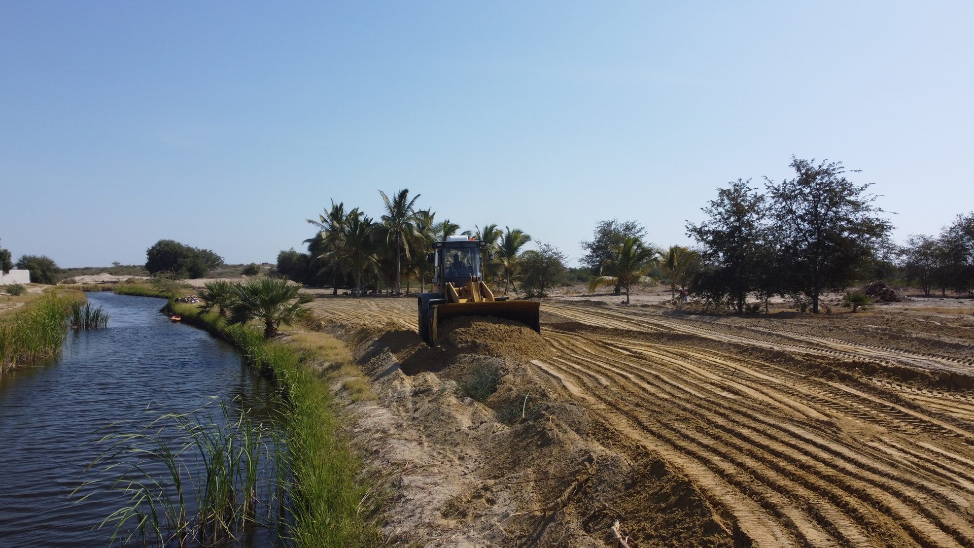 Maquinaria trabajando junto al canal real de Finca Los Cocos, Piura