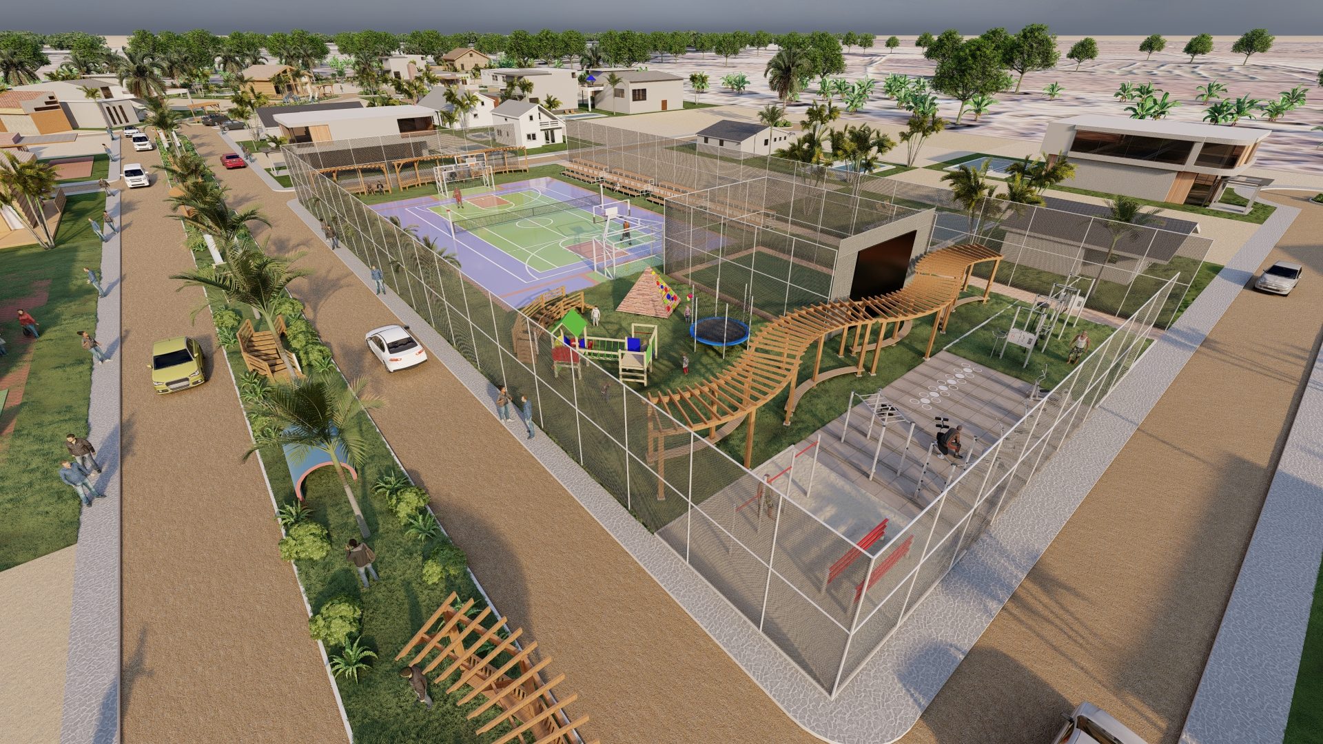 Zona deportiva con cancha multiusos, frontón, calistenia y área infantil en Finca Los Cocos